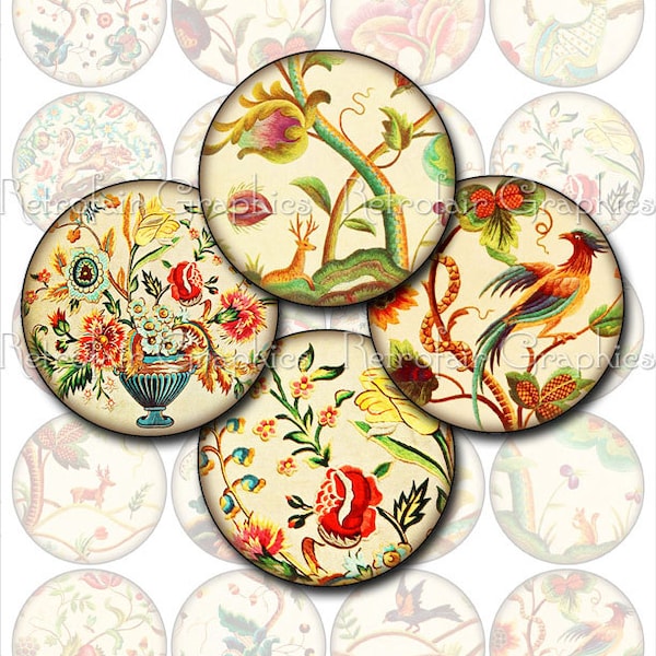 Tapestry Embroidery Designs, 2 Inch Circles Digital Collage Sheet, Printable Set of 20 Images of Vintage Tapestry Designs