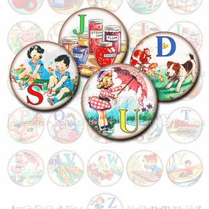 Digital Collage Sheet of Retro Alphabet Flashcards in 1.5 Inch Round Circles, Printable Page of 26 Vintage ABC images, Instant Download