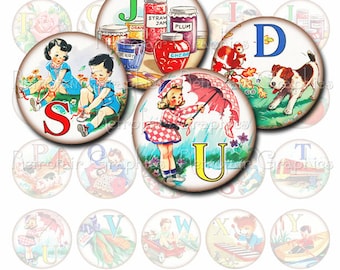 Digitale Collage blad van Retro alfabet Flashcards in 1,5 Inch ronde cirkels, afdrukbare pagina van 26 Vintage ABC beelden, Instant Download