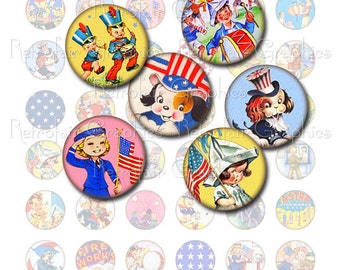 4th of July Digital Collage Sheet of one inch Circles Round Images of Vintage Patriotic Graphics,  Instant Download DIY Printable Jpg