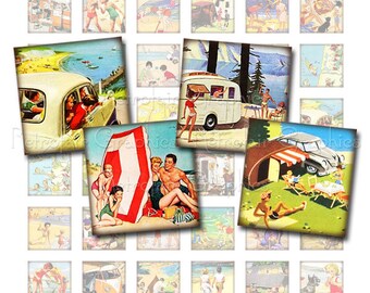 Happy Camper Beach Squares, Digital Collage Sheet of one inch squares featuring Images of Trailers, Campers, Beaches, Instant Download Png