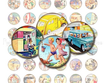 Digitale Collage blad, een inch cirkels met beelden van aanhangwagens, Campers, stranden, ronde Happy Campers, Instant Download Png