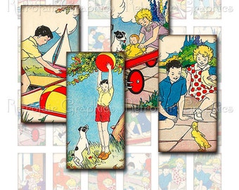 Childrens Story Book Digital Collage Sheet, Domino Size 1x2, Vintage Dick and Jane Style Instant Download, Printable Sheet