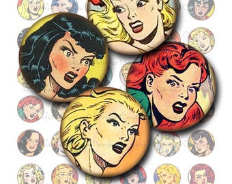 Instant Download,  Vintage Comic Book Girls Avatars, 1 Inch circle Digital Collage Sheet, Printables of Female Heroines Faces