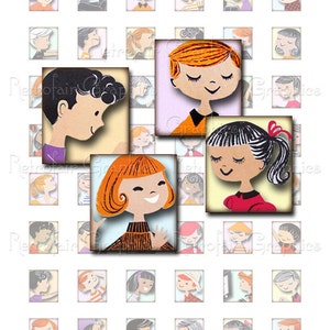 Puede incluir: Un collage de 36 imágenes cuadradas con ilustraciones de niños con diferentes peinados y ropa. Los niños se representan con los ojos cerrados y expresiones sonrientes. Las imágenes están dispuestas en una cuadrícula.