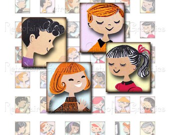Retro Student portretten met digitale Collage blad, Scrabble blokgrootte, Instant Download afdrukbare blad, Vintage geïnspireerde Childrens gezichten