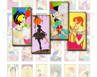 Art Deco Girls Digital Collage Sheet, Domino Size 1x2, Vintage Tally Card Images of Dancers, Performers, Instant Download, Printable Sheet