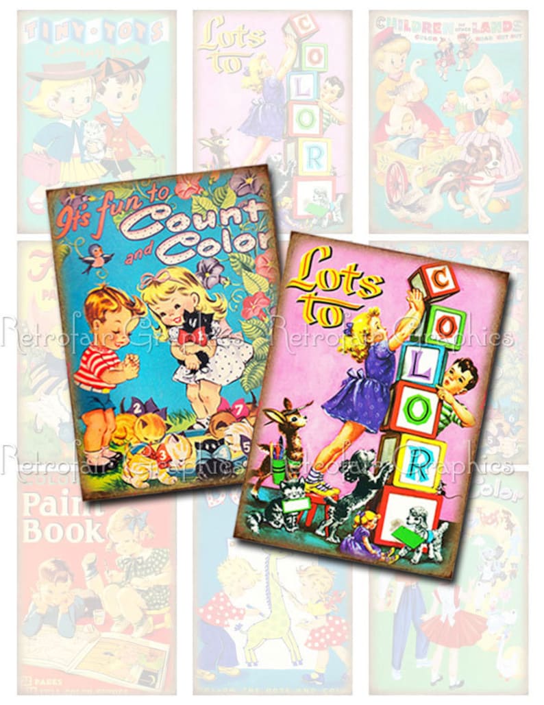 Puede incluir: Libros de colorear vintage para ni&ntilde;os con portadas coloridas que presentan ilustraciones de ni&ntilde;os, animales y bloques. Las portadas incluyen t&iacute;tulos como "Es divertido contar y colorear", "Mucho para colorear" y "Peque&ntilde;os peque&ntilde;os".