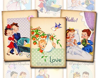 Retro Baby Shower digitale collage blad, ATC formaat afdrukbare kunst, vintage geïnspireerd nieuwe baby / trotse ouders, Instant Download Clip Art