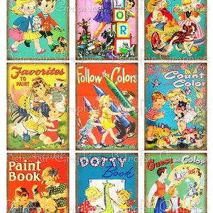 Puede incluir: Nueve portadas de libros para colorear infantiles vintage. Las portadas presentan ilustraciones de ni&ntilde;os, animales y objetos. Los t&iacute;tulos de los libros incluyen "Tiny Tots Coloring Book", "Lots to Color", "Children of Lands", "Favorites to Paint", "Follow the Colors", "It's Fun to Count and Color", "Color Picture Paint Book", "Dotty Book" y "Guest and Colors".