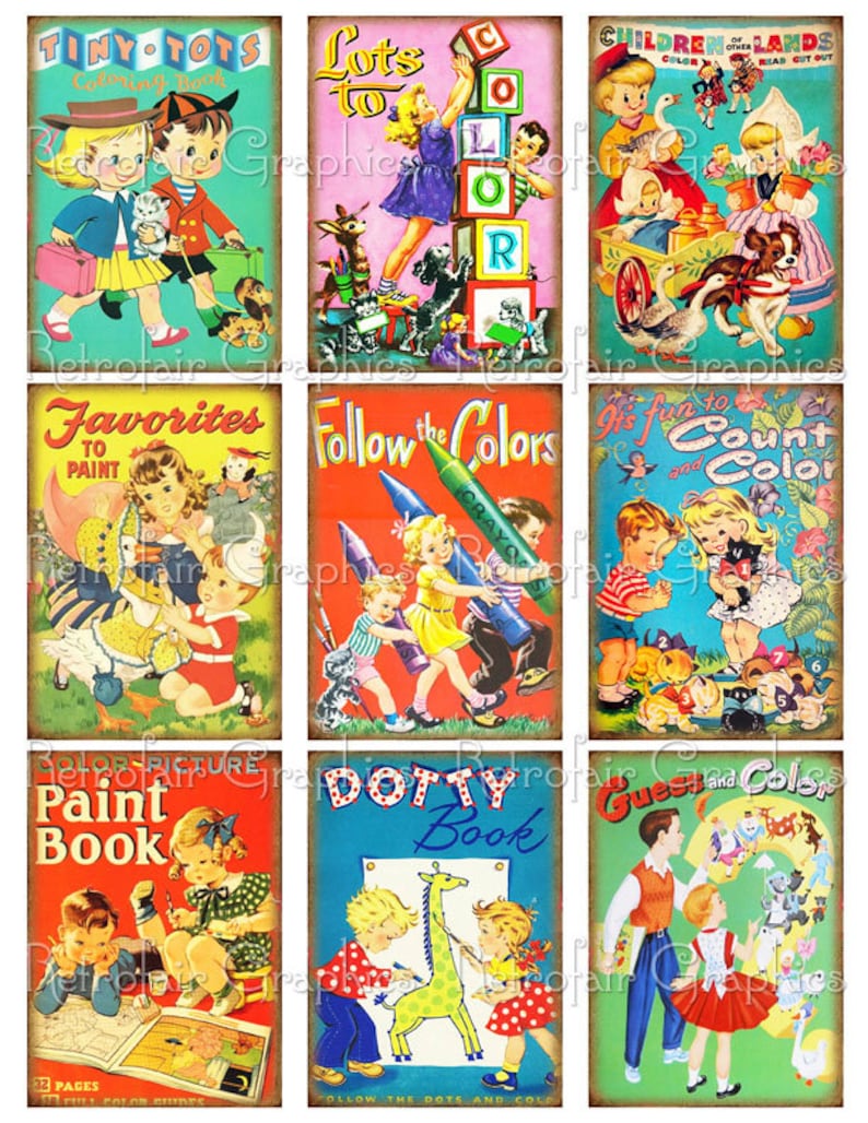 Puede incluir: Nueve portadas de libros para colorear infantiles vintage. Las portadas presentan ilustraciones de ni&ntilde;os, animales y objetos. Los t&iacute;tulos de los libros incluyen "Tiny Tots Coloring Book", "Lots to Color", "Children of Lands", "Favorites to Paint", "Follow the Colors", "It's Fun to Count and Color", "Color Picture Paint Book", "Dotty Book" y "Guest and Colors".