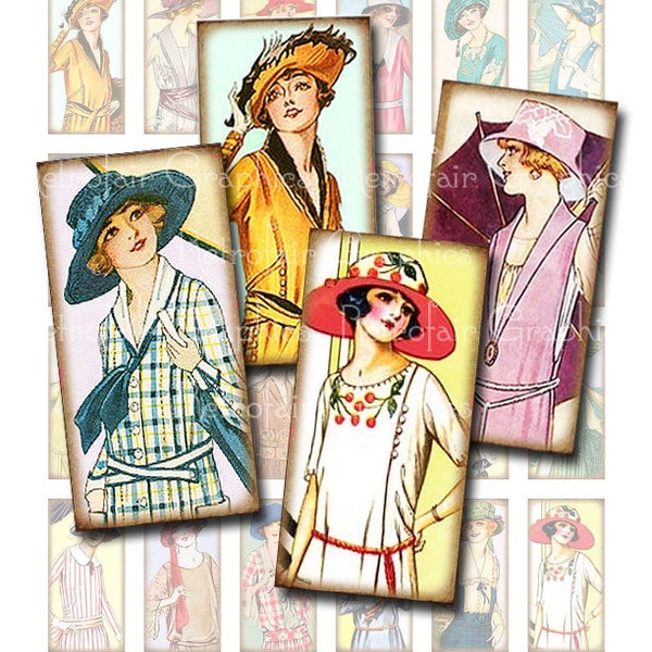 Instant Download, Digital Collage Sheet Domino size 1x2 Vintage Fashion 1920s for Jewelry, Card Making, Scrapbooking, Journaling