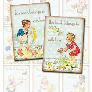 Ex-libris imprimibles, Vintage niños músicos, ATC Digital Collage Descargar hoja, instantánea