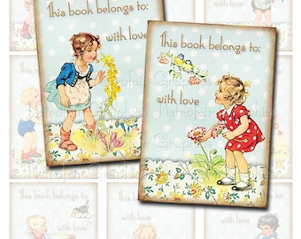 Printable Bookplates, Vintage Little Children Musicians, ATC Digital Collage Sheet, Instant Download