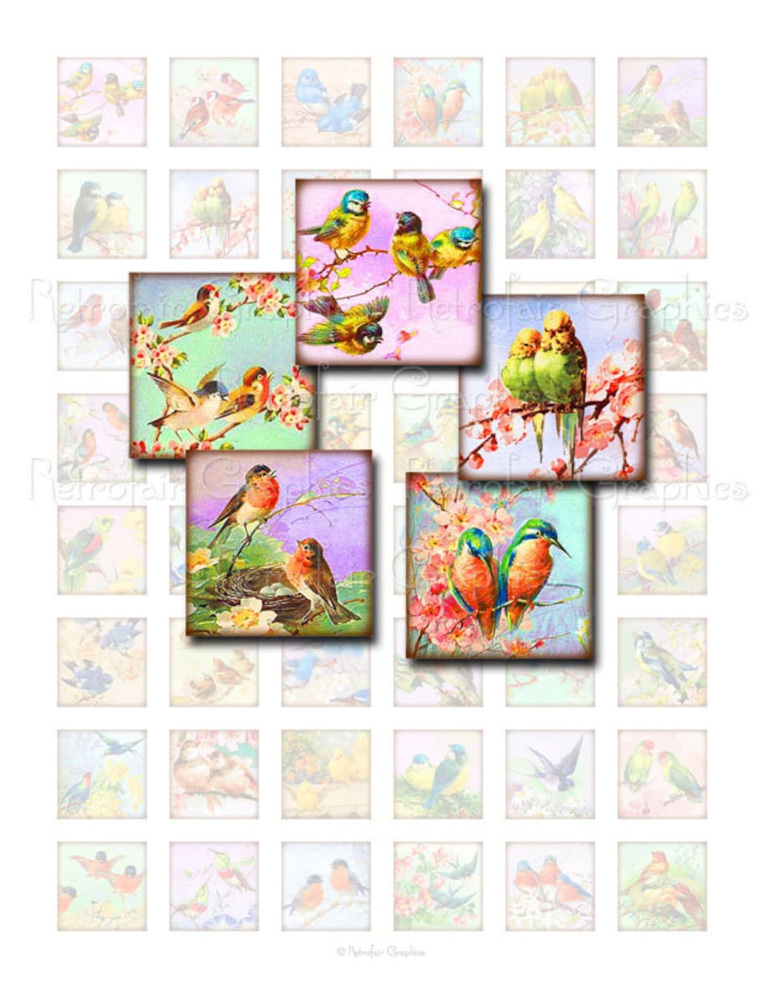 Vintage Birdclip Art, Digital Collage Sheet of 1" Inch Square Images ...