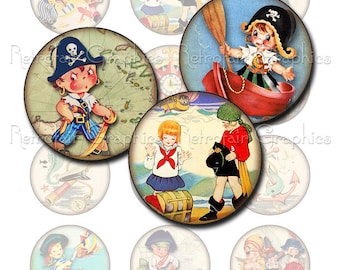 Printable Pirate Labels, Digital Collage Sheet of Pirates Images, Instant Download Sheet of 2" Circles