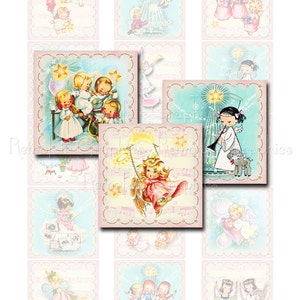 Pink Christmas Angels Digital Collage Sheet, Printable Page, 2 inch Squares, Instant Download  of Vintage Inspired Gift Wrap DIY