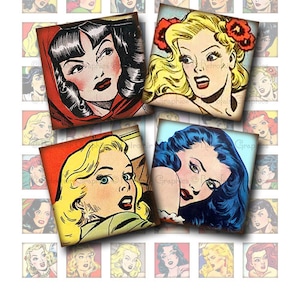 Téléchargement immédiat, Avatars filles Vintage dessinée, 1 pouce carré numérique Collage feuille, imprimables de visages de femmes héroïnes