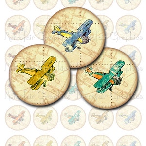 Aviones Vintage Collage Digital hoja, círculos de 1,5 pulgadas, descarga inmediata Clip para imprimir gráficos de arte avión
