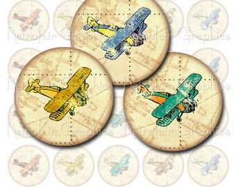 Vintage Airplanes Digital Collage Sheet, 1.5 Inch Circles, Instant Download Printable Clip Art Airplane Graphics