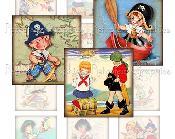 Printable Pirate Labels, Digital Collage Sheet of Pirates Images, Instant Download Sheet of 2" Squares