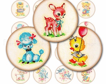 Instant Download,  Vintage Inspired Animal, 1.5 Inch Circle Digital Collage Sheet, Printables for Pendants, Pins, Stickers, etc