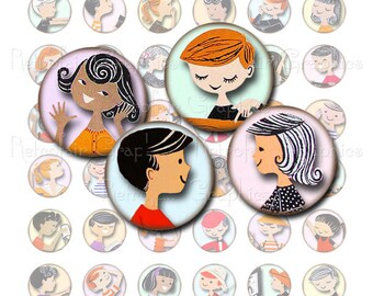 Retro kinderen portretten, 1 Inch ronde cirkel digitale Collage blad, Instant Download afdrukbare blad, Vintage geïnspireerde Childrens gezichten