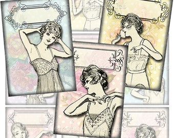 Instant Download, Vintage Lingerie Girl Labels, ATC Sized Digital Collage Sheet, Wedding Shower Labels Personalized