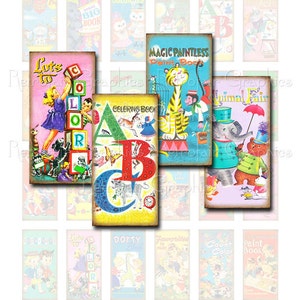 Retro Coloring Book Covers, Domino Pendant Size Digital Collage Sheet, DIY Printable Retro Childrens Graphics Set of 24 Cute Images 1 x 2 image 1