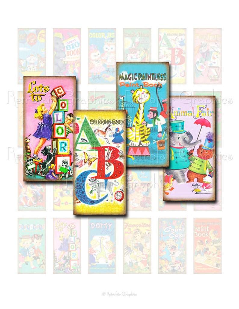 Retro Coloring Book Covers, Domino Pendant Size Digital Collage Sheet, DIY Printable Retro Childrens Graphics Set of 24 Cute Images 1 x 2 image 1