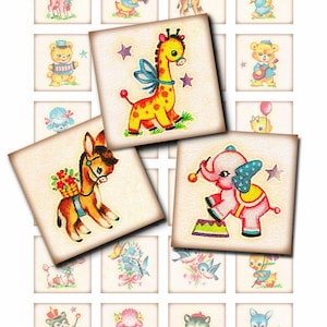 May include: A digital collage sheet featuring 16 vintage illustrations of animals. The animals include a deer, a bear, a giraffe, a donkey, an elephant, a cat, a poodle, and a bird. The illustrations are in a cartoon style and are colourful.