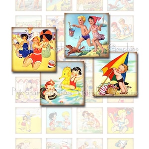 Estate spiaggia piazze, foglio Collage digitale di 1,5 pollici Piazza immagini di bambini giocare nella sabbia, Instant Download Vintage grafica