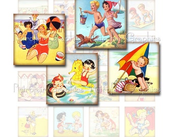 Summertime Beach Squares, Digital Collage Sheet of 1.5 inch Square Images of Children Playing in the Sand, Instant Download Vintage Graphics