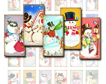 Snowman Digital Collage Sheet, Domino Size 1x2, Vintage Retro Christmas Snowmen Images, Instant Download, Printable Sheet