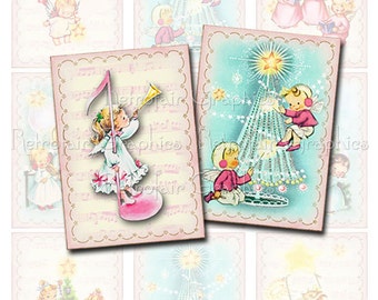 Pink Christmas Angels Digital Collage Sheet, Printable Page of Holiday Tags, atc size, Instant Download  of Vintage Inspired Angels