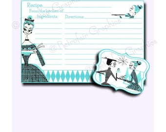 Retro keuken recept kaartenset, digitale afdrukbare illustraties van Tags, Banners en etiketten, Instant Download 50 's huisvrouw Aqua collectie