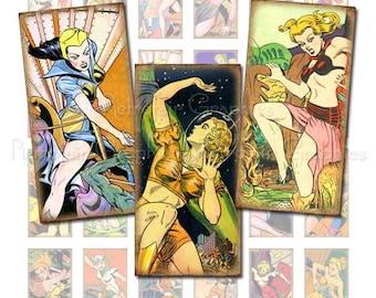 Comic book meisjes, Instant downloaden, digitale Collage blad Domino grootte 1 x 2, Vintage Retro planeet Sci-fi vrouwen