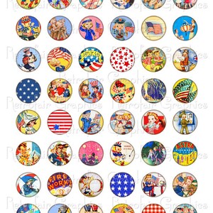 4th of July Digital Collage Sheet of one inch Circles Round Images of Vintage Patriotic Graphics, Instant Download DIY Printable Jpg image 2