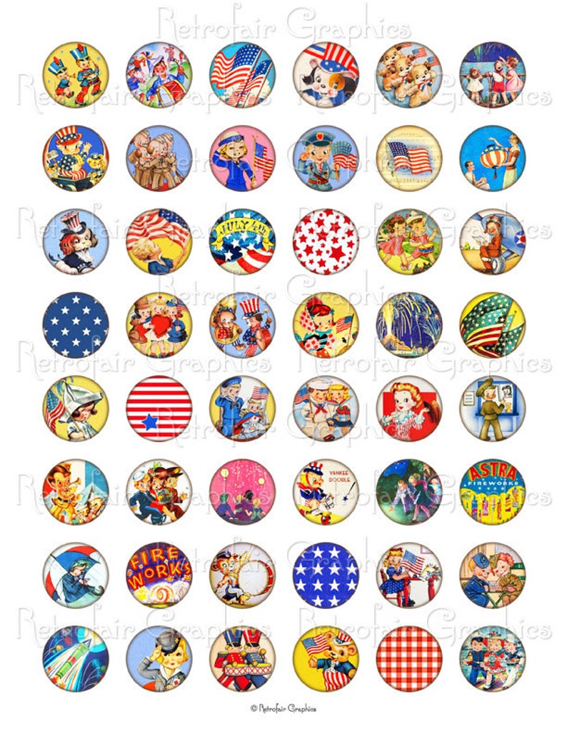 4th of July Digital Collage Sheet of one inch Circles Round Images of Vintage Patriotic Graphics, Instant Download DIY Printable Jpg image 2