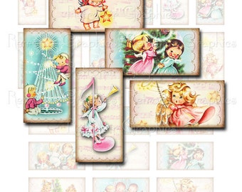 Pink Christmas Angels Digital Collage Sheet, Printable Page of Vintage Inspired Images, Pendant  Domino size 1 x 2 inch, Instant Download