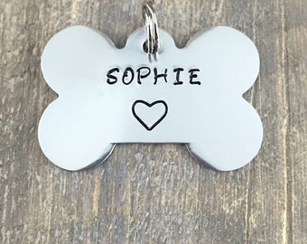 Hand Stamped Bone Pet ID Tag: Personalized Aluminum Dog Tag