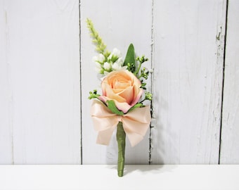 Peach Boutonnieres, Peach Buttonhole, Peach Corsage, Peach Wedding Flower, Spring Wedding Boutonniere, Rustic Wedding