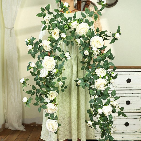Guirlande de fleurs de mariage blanc/poudré/automne 1,7 m, fleurs de chemin de table de mariage, fleur de butin de mariage, fleur de toile de fond de mariage, fleur d'arche de mariage