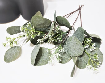 6 Stems Artificial Seeded Eucalyptus, Dusty Green Eucalyptus Leaves, Bouquet Greenery, Christmas Flower, Christmas Decor, Eucalyptus Stem