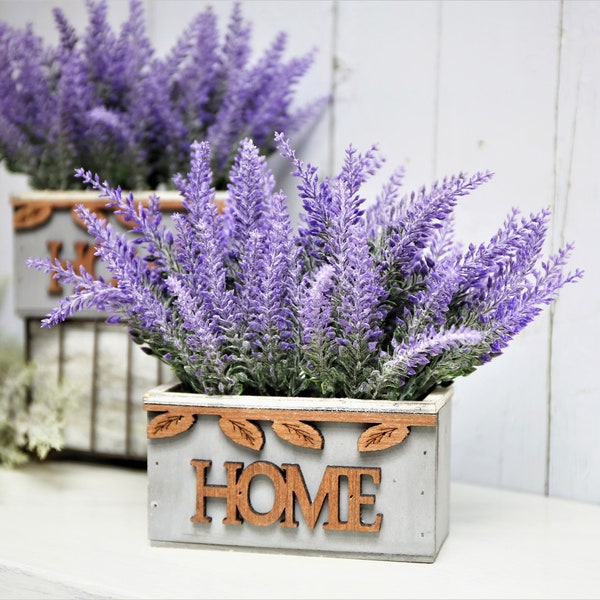 Lavande artificielle dans une jardinière en bois, Décoration de maison rustique, Lavande réaliste, Décoration de ferme, Décoration de cheminée, Fleur de table