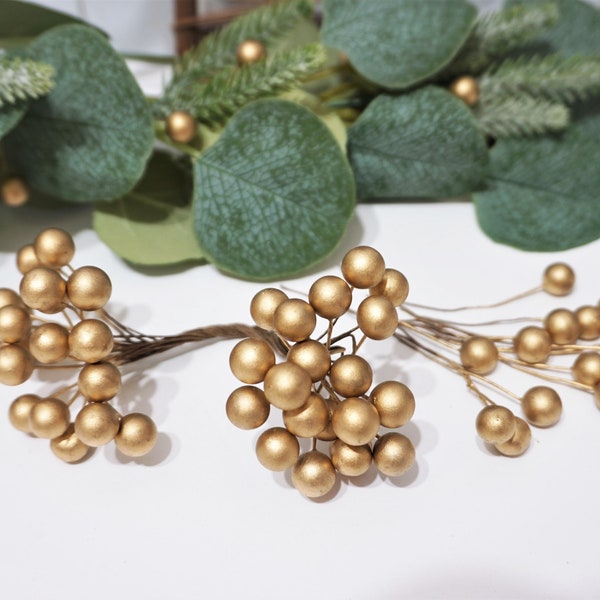 30 Stems Artificial Berry in Gold Color, Floral Crown Filler, Wreath Filler, Gold Wedding Decor, Pip Berry, Fake Berry, Berry on Stem