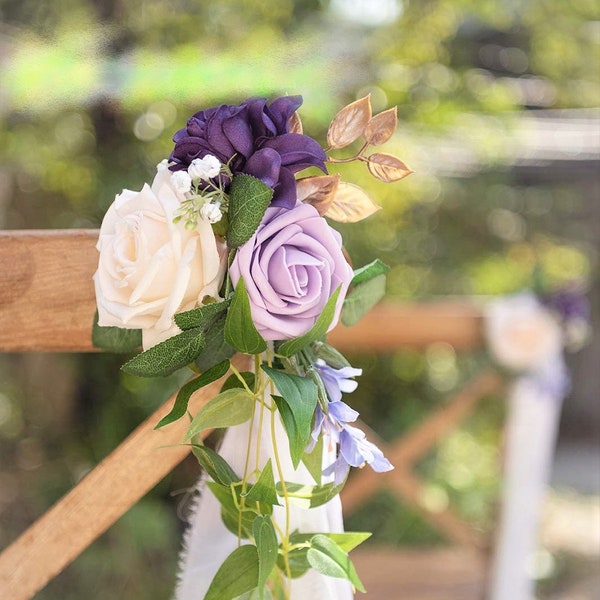 Sombra de flor de silla de boda púrpura, flor de pasillo de boda púrpura, flor de banco de iglesia, decoración del pasillo de ceremonia de boda, decoración de banco de boda