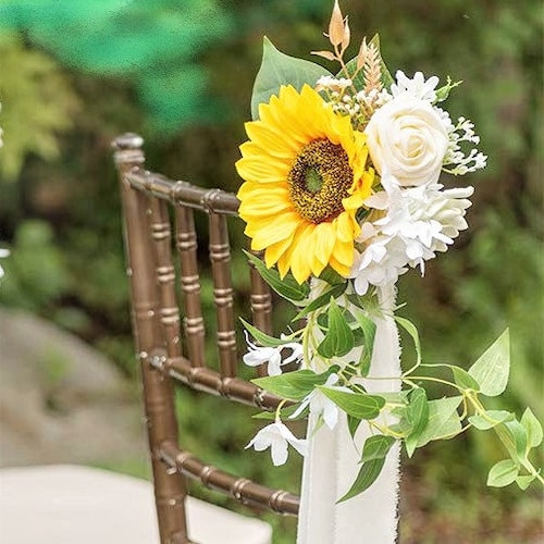 Chaise de mariage fleur de soleil, fleur d'allée de mariage de plage, fleur de banc d'église, décoration allée de cérémonie de mariage d'été, décoration de banc de mariage