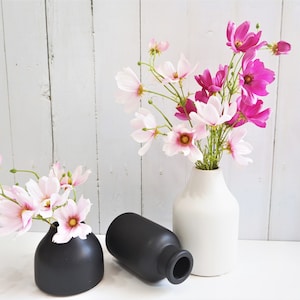 Könnte beinhalten: Zwei schwarze Keramikvasen mit rosa und magentafarbenen Kosmeen. Die Vase links ist rund und die Vase rechts ist hoch und schmal.