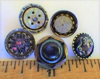 Five Steel Cup Buttons with Pearl Centers. Dyed Several Colors , Carved and Pierced. B 441 OneWomanRepurposed